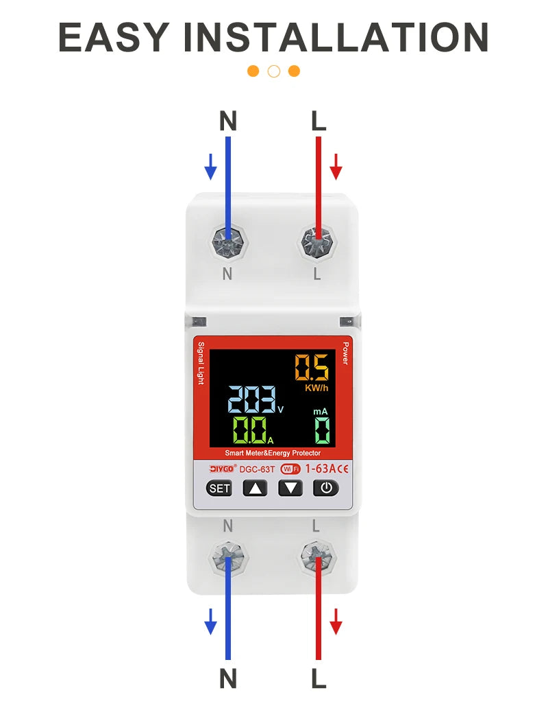 2P WiFi Smart Circuit Breaker DGC-63T, Remote Control 1-63A Adjustable Switch, Timer, Voltage, Current, Temperature, Leakage Protection
