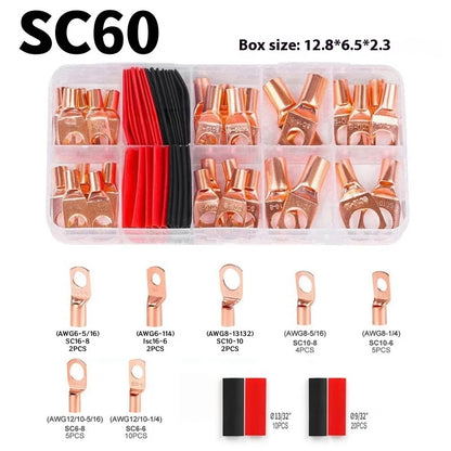 Copper Ring Terminal Lug Kit AWG 4–12 with Heat Shrink Tubing 60/100/130PCS | Battery Cable Connector Set