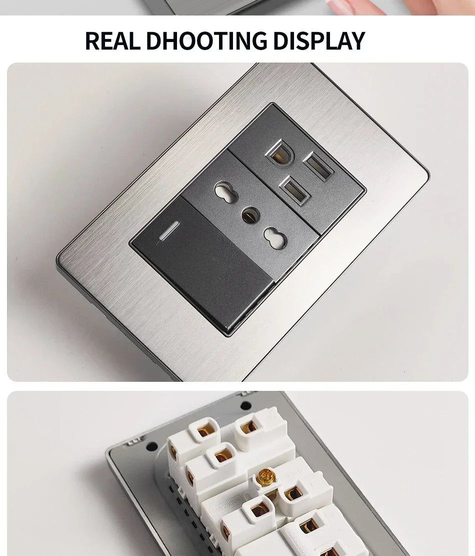 Stainless Steel Wall Socket 118x75mm Italian-Style with USB-C Schuko Chilean Plug Brushed Finish for Home Office