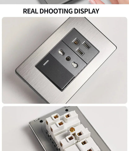 Stainless Steel Wall Socket 118x75mm Italian-Style with USB-C Schuko Chilean Plug Brushed Finish for Home Office