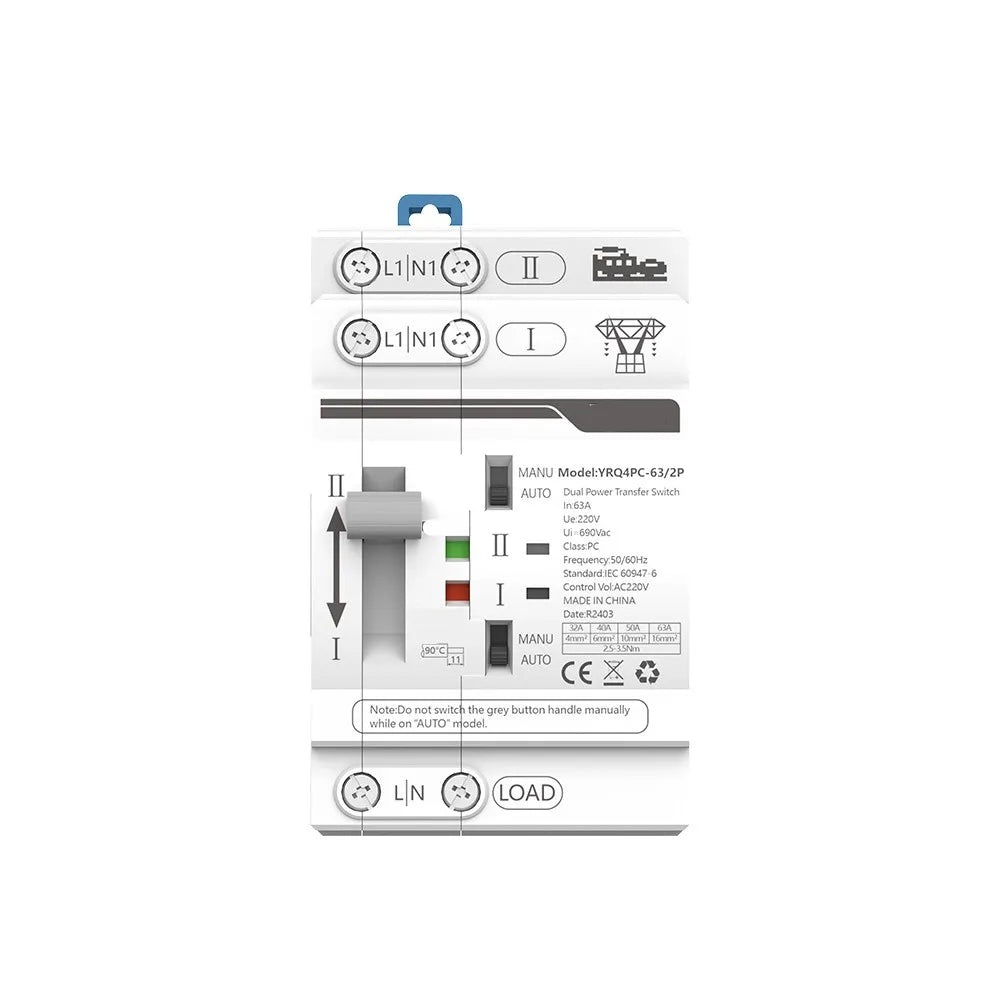 Dual Power Electrical Transfer Switch for ATS 2P 63A 220V Designed for Generator Use to Automatically Manage Power Sources