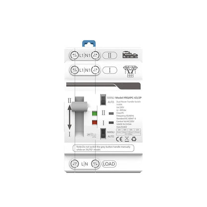 Dual Power Electrical Transfer Switch for ATS 2P 63A 220V Designed for Generator Use to Automatically Manage Power Sources