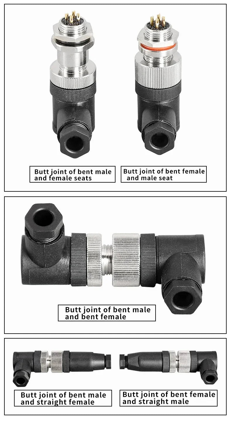 M12 12mm Sensor Connector Straight Angle Male Female Waterproof Screw Threaded Plug Coupling 4 5 8 Pin PG7