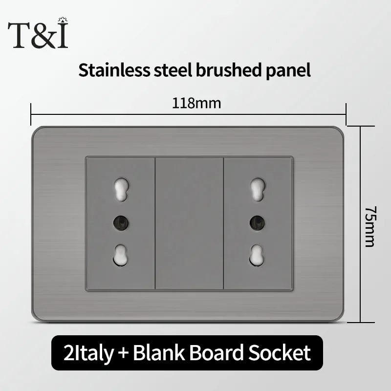 Stainless Steel Wall Socket 118x75mm Italian-Style with USB-C Schuko Chilean Plug Brushed Finish for Home Office
