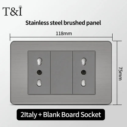 Stainless Steel Wall Socket 118x75mm Italian-Style with USB-C Schuko Chilean Plug Brushed Finish for Home Office