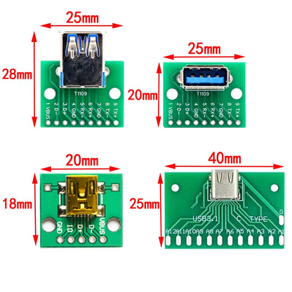 USB Male to DIP Adapter — Mini-B / Micro-B / Type-C / USB-A 2.0 / 3.0, PCB Breakout (2-Pack)