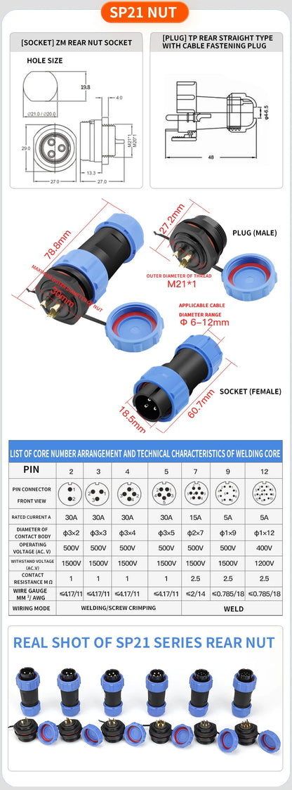 SP Series IP68 Waterproof Aviation Connector SP13 SP16 SP17 SP20 SP21 2-12Pin Panel Mount Plug and Socket