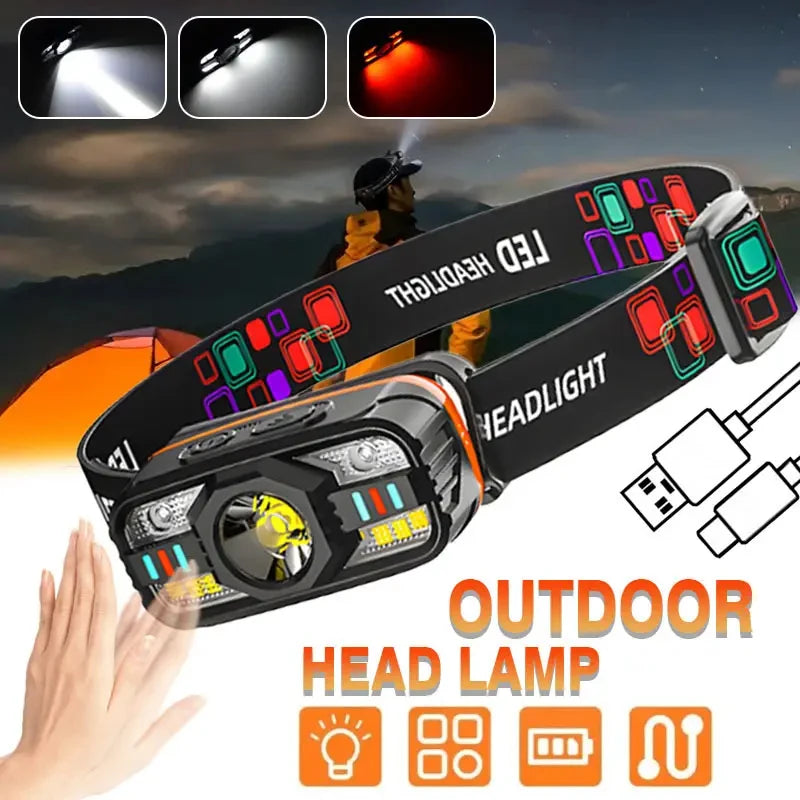 Powerful LED Headlight Handfress Motion Sensor Headlamp Head Lamp 6 Modes COB Flashlight Torch Head Light for Outdoor Camping