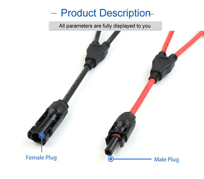 Power Solar Connectors 30A Y-Branch Cable, Solar Cable Parallel Adaptor Pair for Solar Panel 1M/FF + 1F/MM Black Red Power