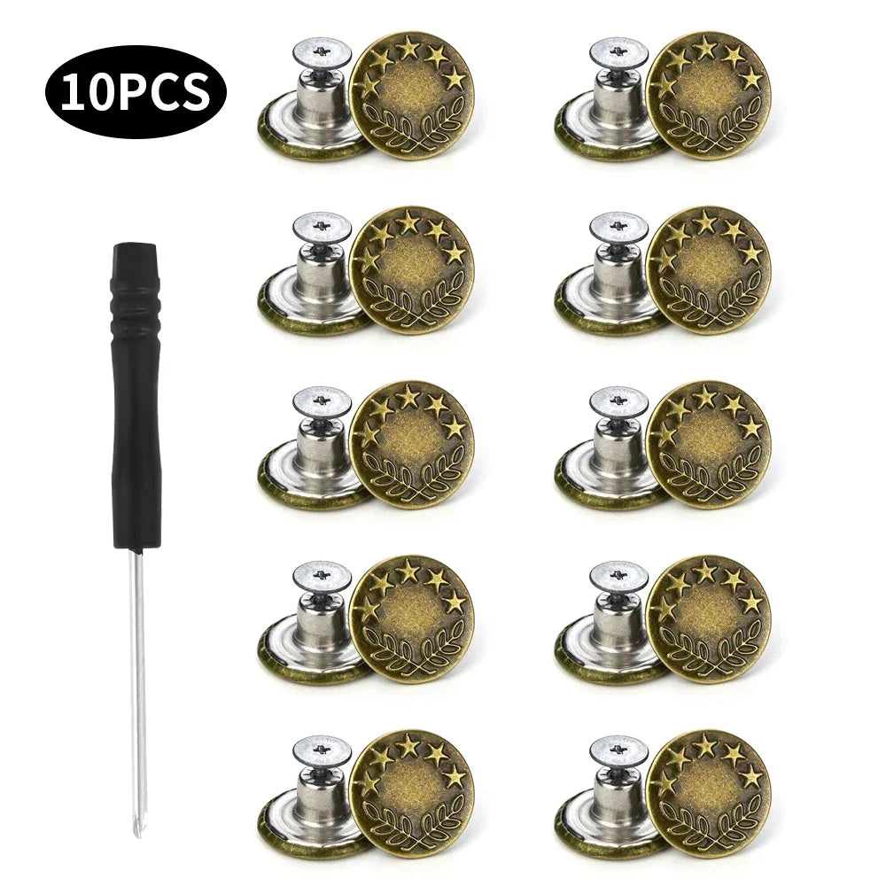 Jeans Buttons Replacement Kit — 17mm No-Sew Nailless Removable Metal Button Repair Set 10pcs