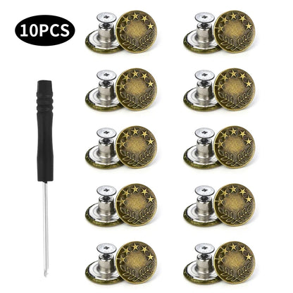 Jeans Buttons Replacement Kit — 17mm No-Sew Nailless Removable Metal Button Repair Set 10pcs