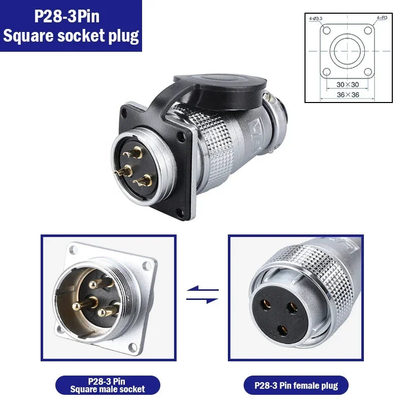 P28 Aviation Connector Square Flange Socket Male Female Circular Butt Joint 2/3/4/5/7/10/12/14/16/19/20/24 Pin P28K2Q PLS28