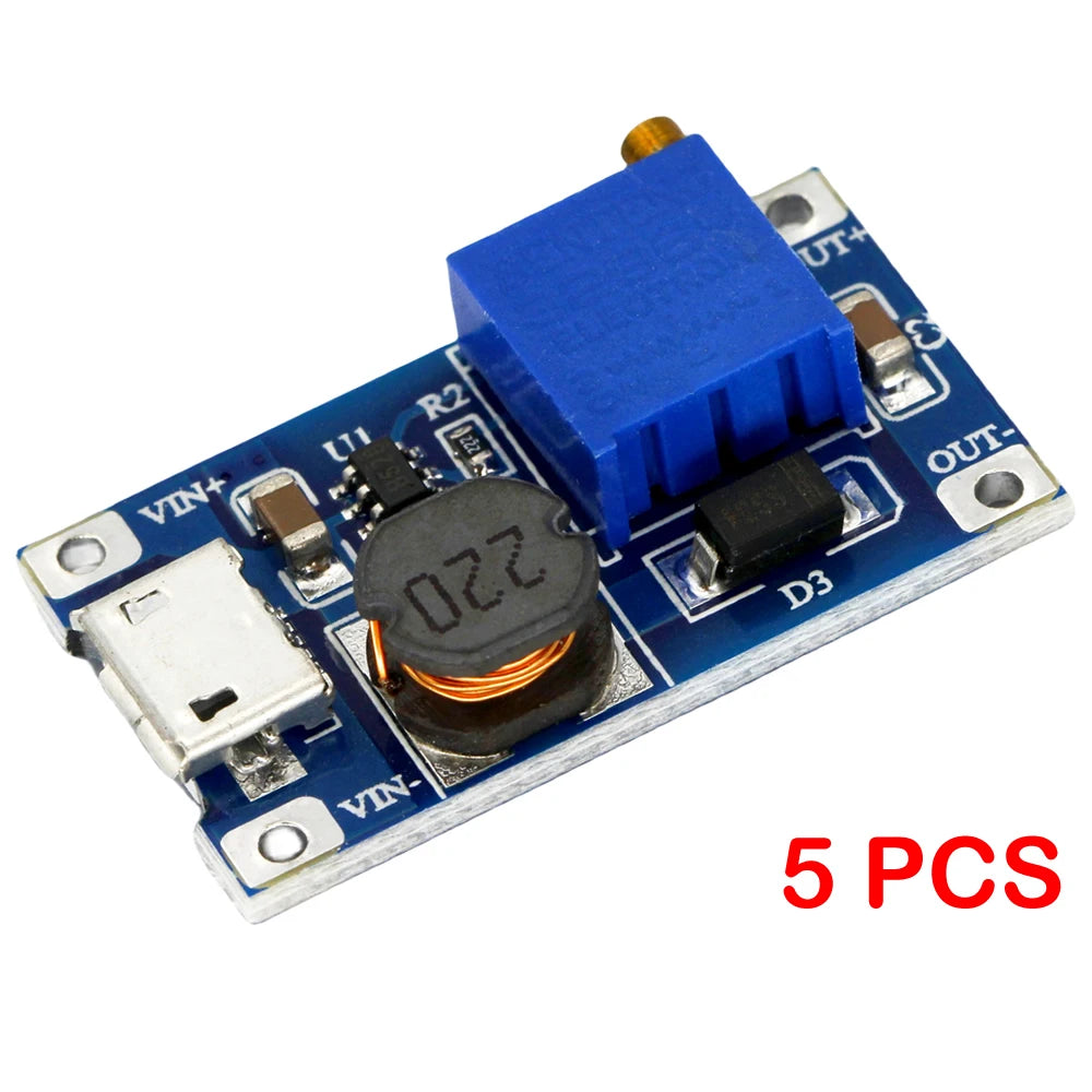MT3608 DC-DC Adjustable Step-Up Boost Module 2A Type-C/Micro USB 2-24V to 5V/9V/12V/28V