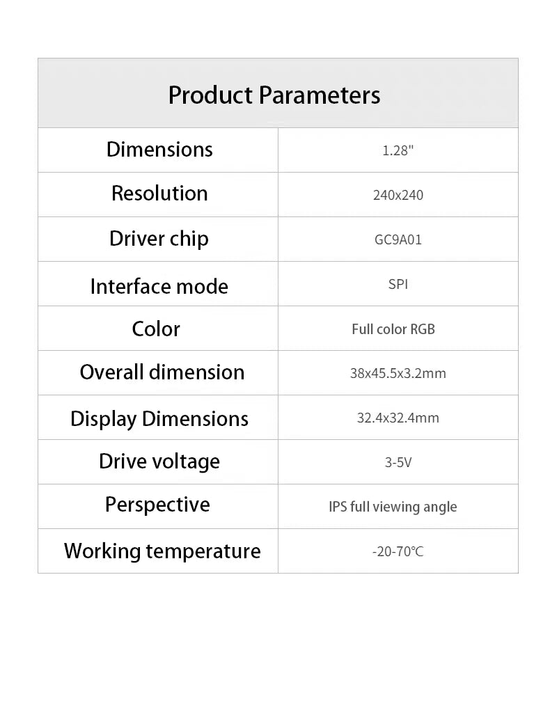 1.28-Inch Round TFT LCD Display Module 240x240 RGB GC9A01 SPI Interface