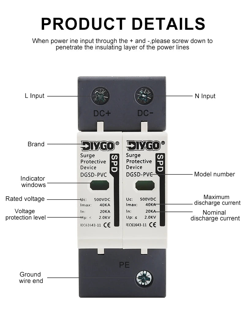 2P SPD DC 500V/600V/800V/1000V House Surge Protector Low-Voltage Arrester Device 10KA~60KA Protective Solar