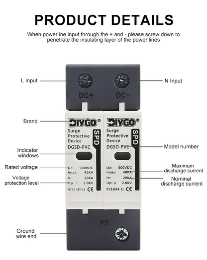 2P SPD DC 500V/600V/800V/1000V House Surge Protector Low-Voltage Arrester Device 10KA~60KA Protective Solar