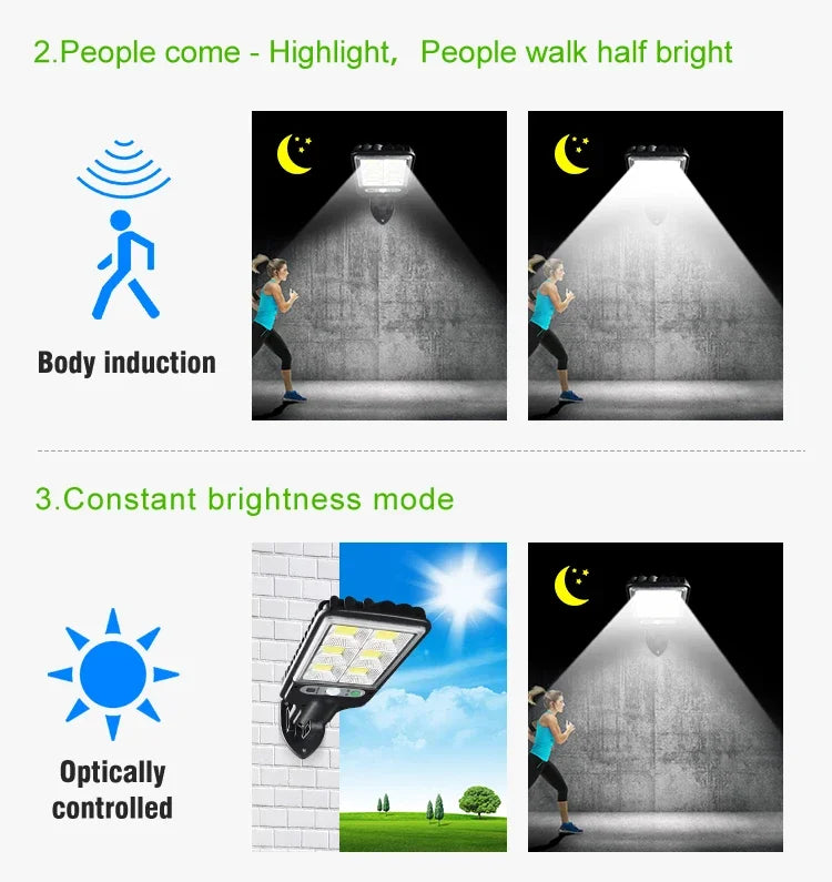 Outdoor LED Solar Light 72COB Motion Sensor Solor Wall Lamp with Remote Control 3 Modes for Garden Patio Yard Garage Lighting