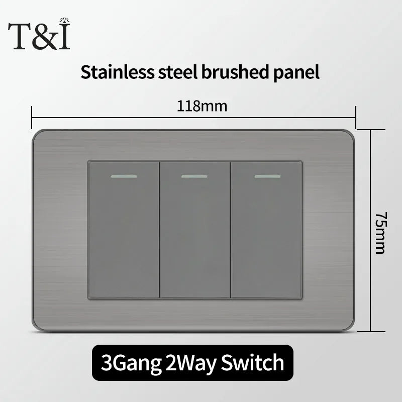 Stainless Steel Wall Socket 118x75mm Italian-Style with USB-C Schuko Chilean Plug Brushed Finish for Home Office