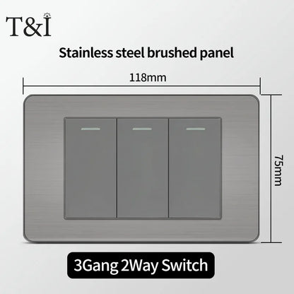Stainless Steel Wall Socket 118x75mm Italian-Style with USB-C Schuko Chilean Plug Brushed Finish for Home Office