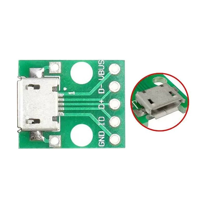 Micro USB to DIP Adapter — 5-Pin Female, 2.54mm Pitch, PCB Breakout, -40°C to 85°C (5-Pack)