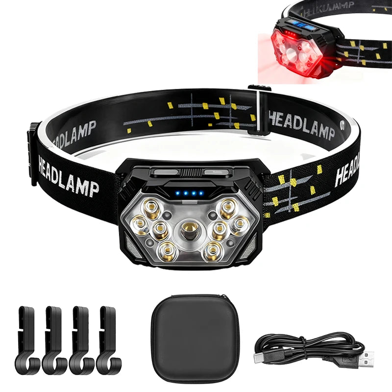 Rechageable LED Motion Sensor Headlight 9 Led Strong Light Headlamp Portable Fishing Camping Outdoor Head Lamp Work Flashlight