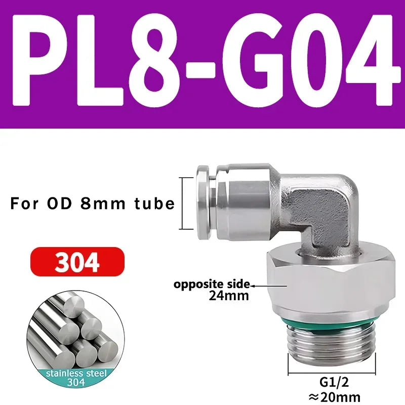 PL-G 304 Stainless Steel Pneumatic Elbow Fitting 1/8 1/4 3/8 1/2 External G Thread Quick Coupling Joint