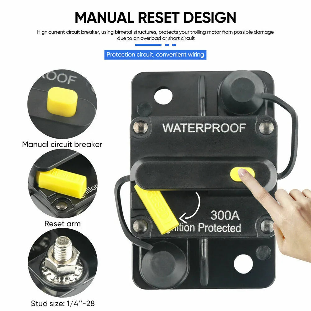 Car Circuit Breaker Fuse Reset 30–300A 12V–48V DC, Waterproof Auto and Boat Electrical Switch