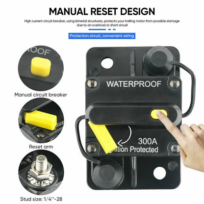 Car Circuit Breaker Fuse Reset 30–300A 12V–48V DC, Waterproof Auto and Boat Electrical Switch