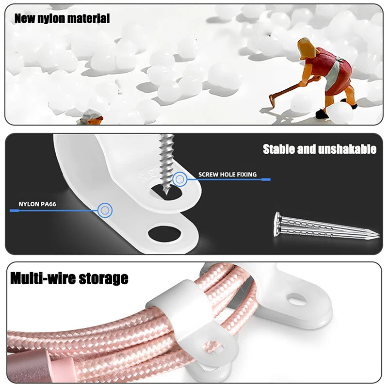 100Pcs/Pack U-Type R-Type Nylon Clamp Cable Clips Plastic Hose Fasteners Mount Fix Hardware Electrical Fitting Wire Management