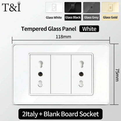 118x75mm Type-C Fast Charging Wall Socket Italy & Chile Schuko Outlet Tempered Glass Panel Type Switch