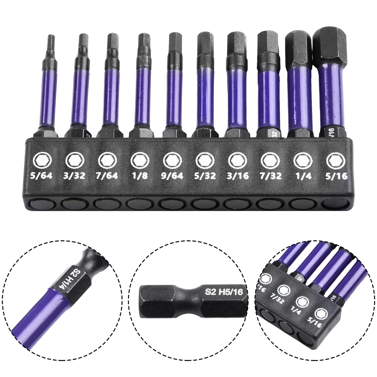 10Pcs Magnetic Hex Head Screwdriver Bit Set 1/4 Shank Screwdriver Bit Imperial 5/64 3/32 7/64  1/8 9/64 5/32 3/16 7/32 1/4 Power