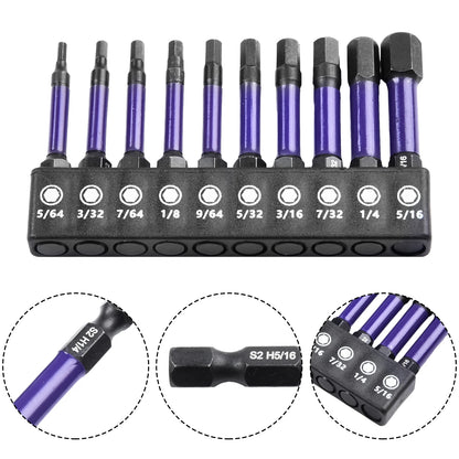 10Pcs Magnetic Hex Head Screwdriver Bit Set 1/4 Shank Screwdriver Bit Imperial 5/64 3/32 7/64  1/8 9/64 5/32 3/16 7/32 1/4 Power