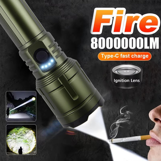 Super Bright Flashlight with Flame Ignition Type-C Rechargeable Outdoor Zoomable Aluminum Alloy Floodlight Camping Adventure