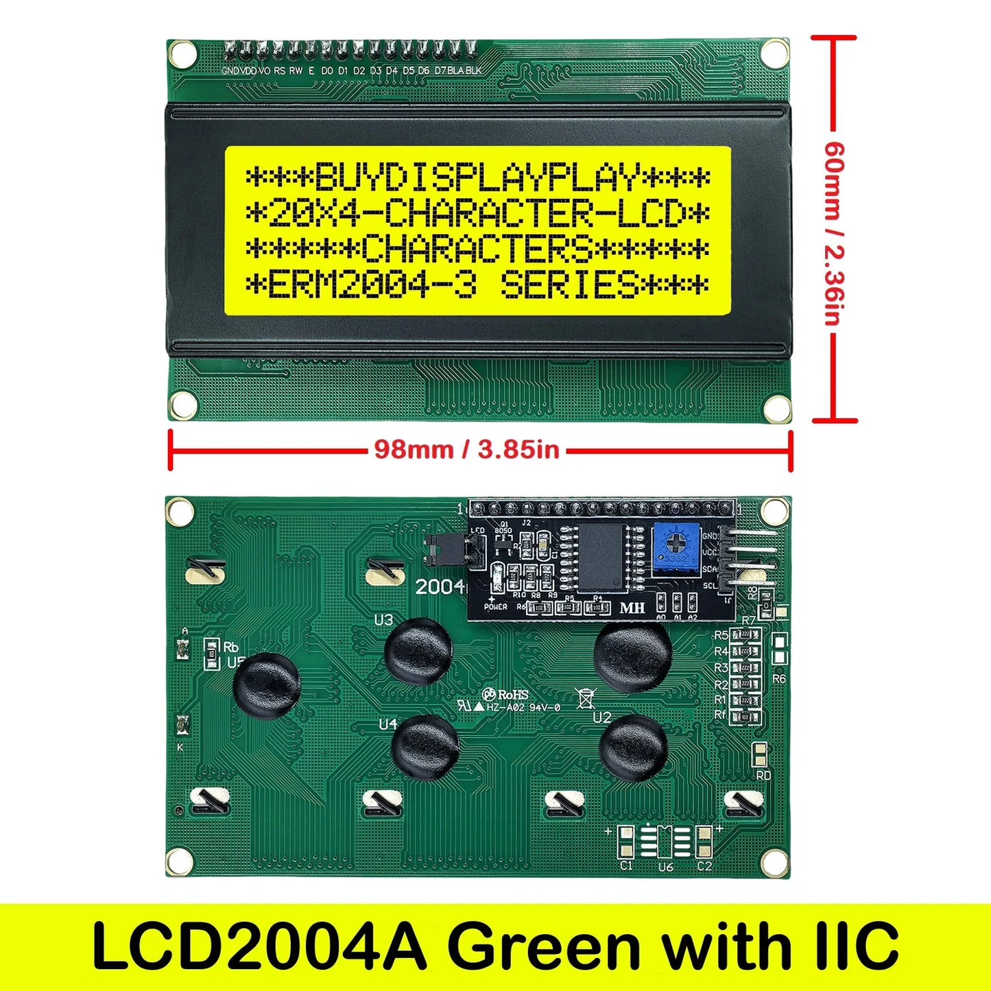 LCD2004A 20x4 Character I2C LCD Display Module HD44780 with Serial Interface Adapter Blue Green Screen for Arduino Projects