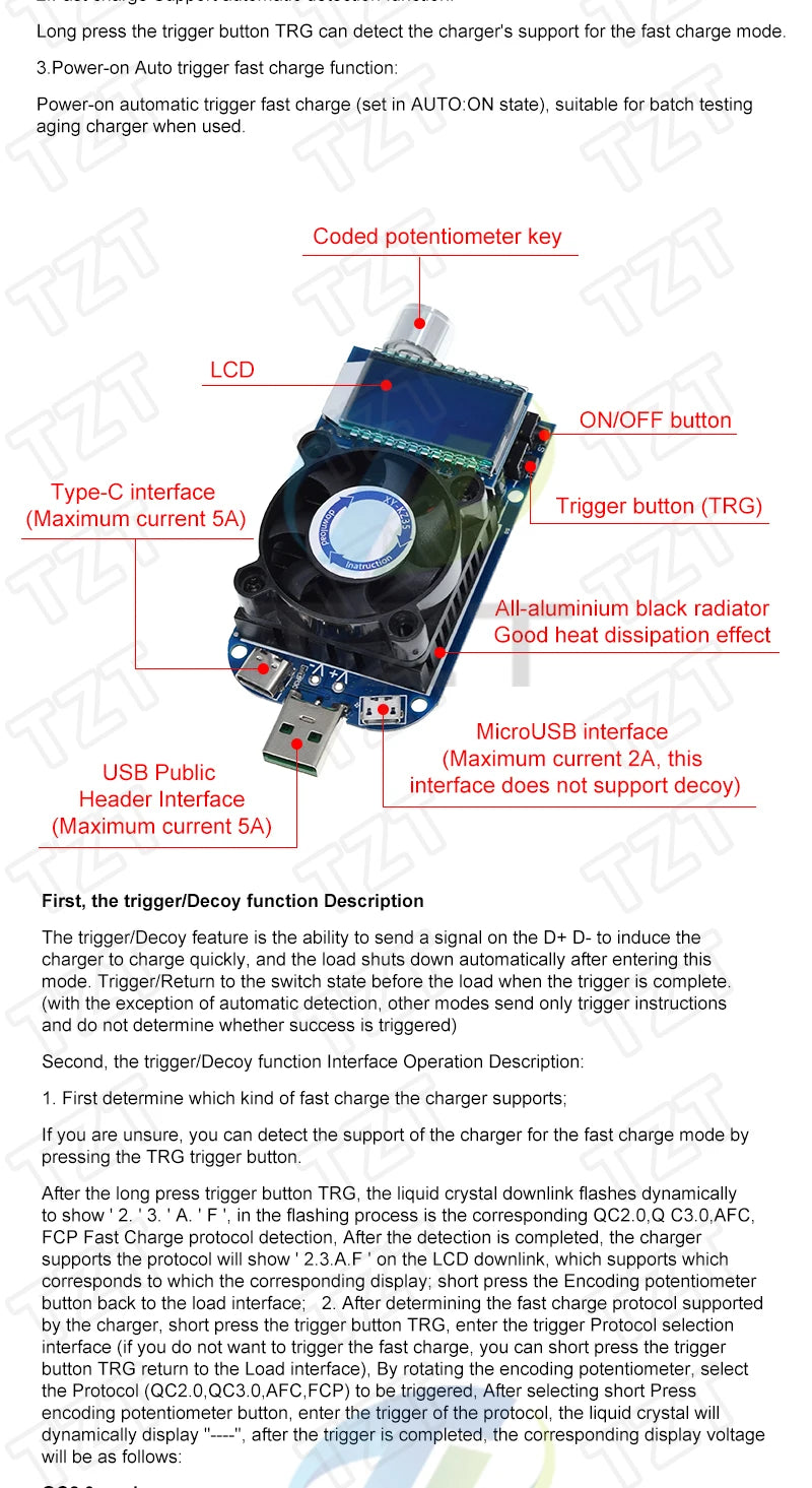 KZ35 Constant Current Electronic Load USB Type-C QC2.0 QC3.0 AFC FCP Trigger Battery Tester Discharge Capacity Meter
