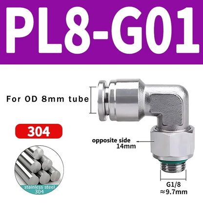 PL-G 304 Stainless Steel Pneumatic Elbow Fitting 1/8 1/4 3/8 1/2 External G Thread Quick Coupling Joint