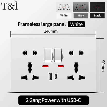 Universal Wall Socket 2-Gang Power Outlet with Switches, USB-C Charging Port, LED Indicator, Flush Mount, AC 110-250V