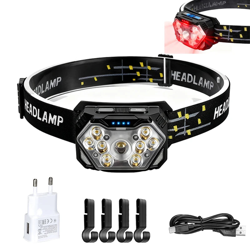 Rechageable LED Motion Sensor Headlight 9 Led Strong Light Headlamp Portable Fishing Camping Outdoor Head Lamp Work Flashlight