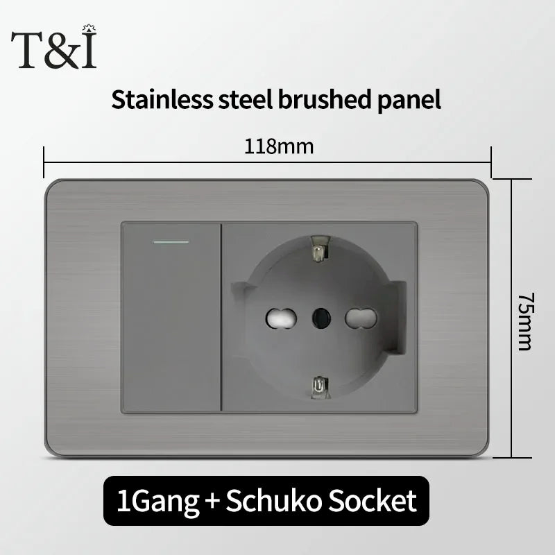 Stainless Steel Wall Socket 118x75mm Italian-Style with USB-C Schuko Chilean Plug Brushed Finish for Home Office