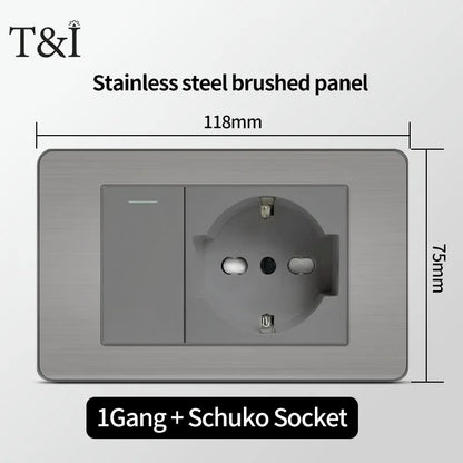 Stainless Steel Wall Socket 118x75mm Italian-Style with USB-C Schuko Chilean Plug Brushed Finish for Home Office