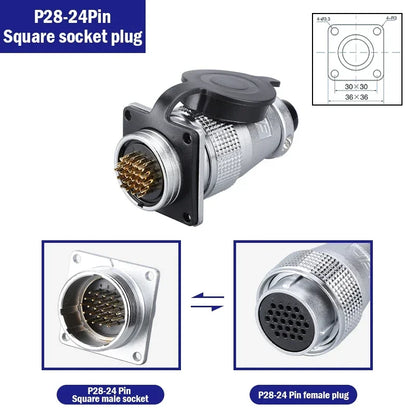 P28 Aviation Connector Square Flange Socket Male Female Circular Butt Joint 2/3/4/5/7/10/12/14/16/19/20/24 Pin P28K2Q PLS28