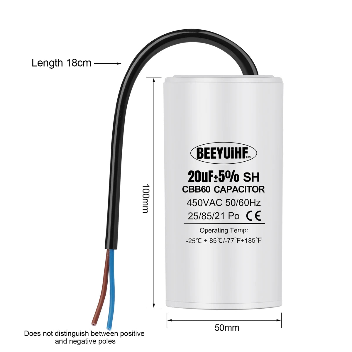 CBB60 Motor Start Capacitor 3µF–80µF 450VAC 50/60Hz with Cable