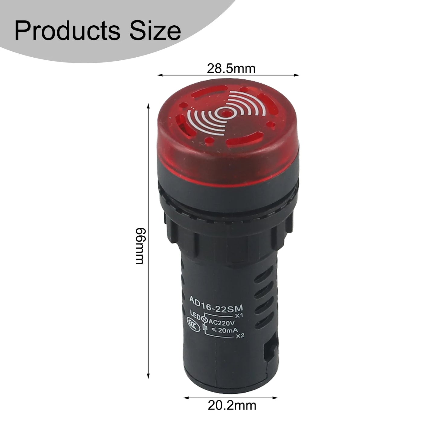 22mm Sound & Light Alarm — AD16-22SM Red LED Buzzer, AC/DC 12V/24V/220V