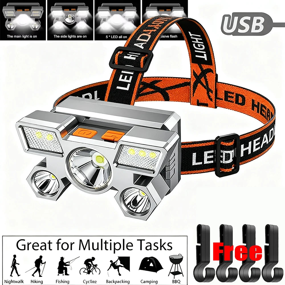5 LED High Power Headlamp Portable Rechargeable HeadLight Built-in Battery Flashlight Outdoor Working Light for Fishing Camping