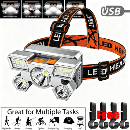 5 LED High Power Headlamp Portable Rechargeable HeadLight Built-in Battery Flashlight Outdoor Working Light for Fishing Camping