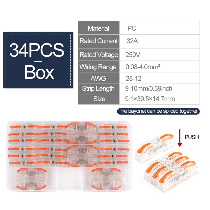 34/50/100pcs Boxed Lever Wire Connector 28-12 AWG 1-to-1 Quick Splice Compact Insulated Terminal Connectors