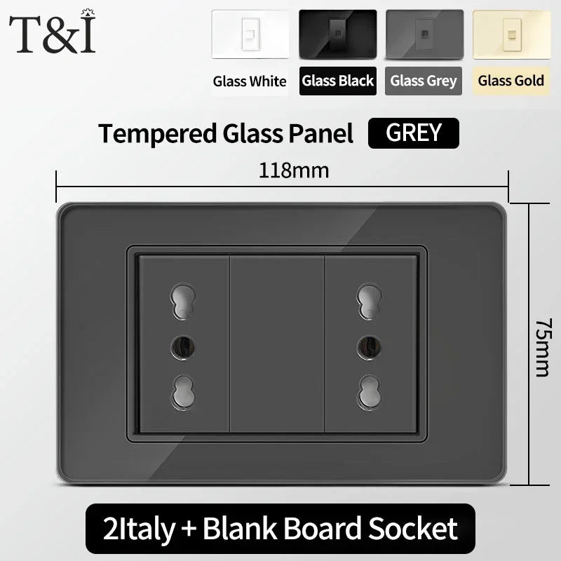T&I Wall Switch Socket with USB-C Fast Charging Italy & Chile Schuko Outlet Tempered Glass Panel