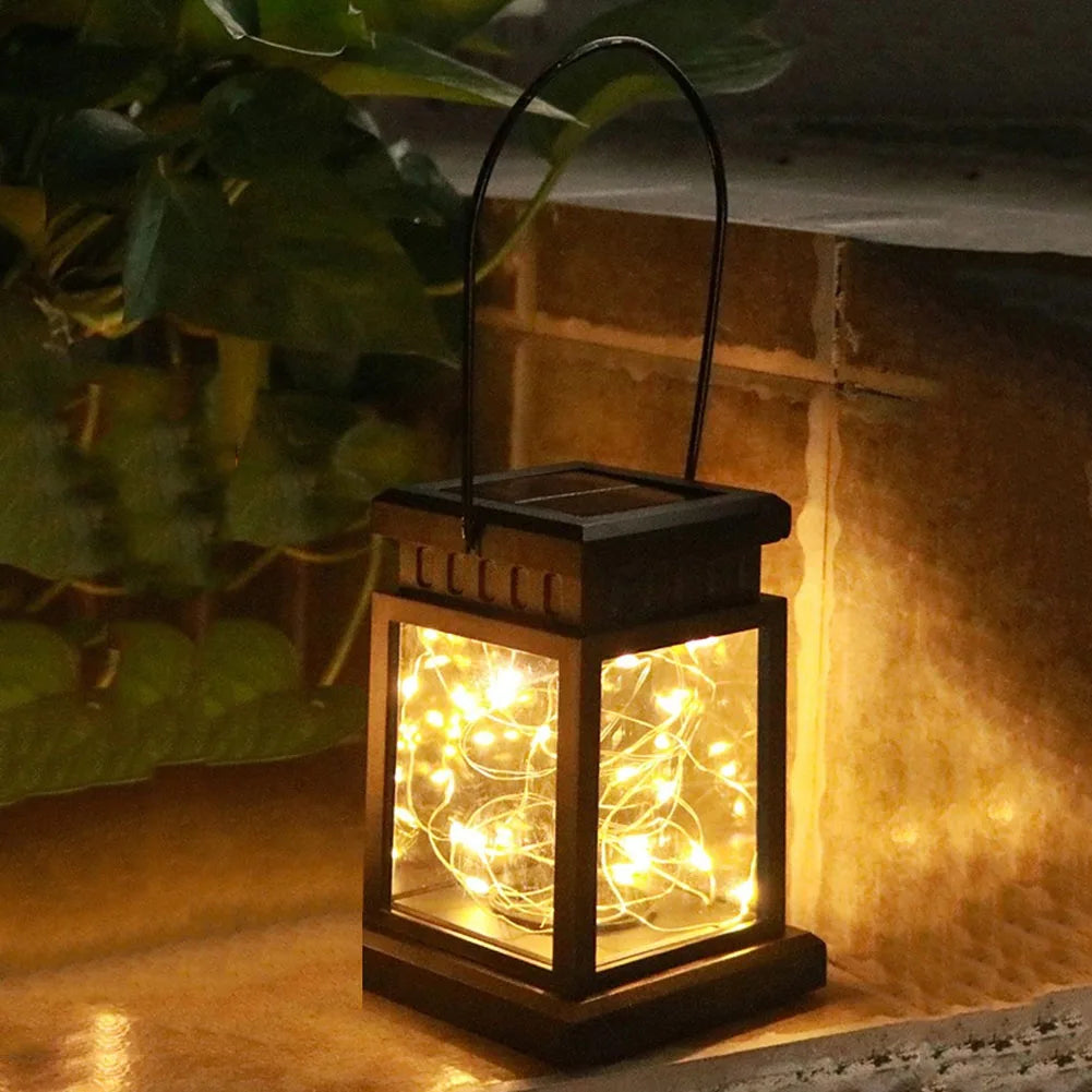 1pc LED Lantern Lamp Outdoor Garden Warm Light Waterproof Solar Powered Golden Copper Wire Hanging Lightweight