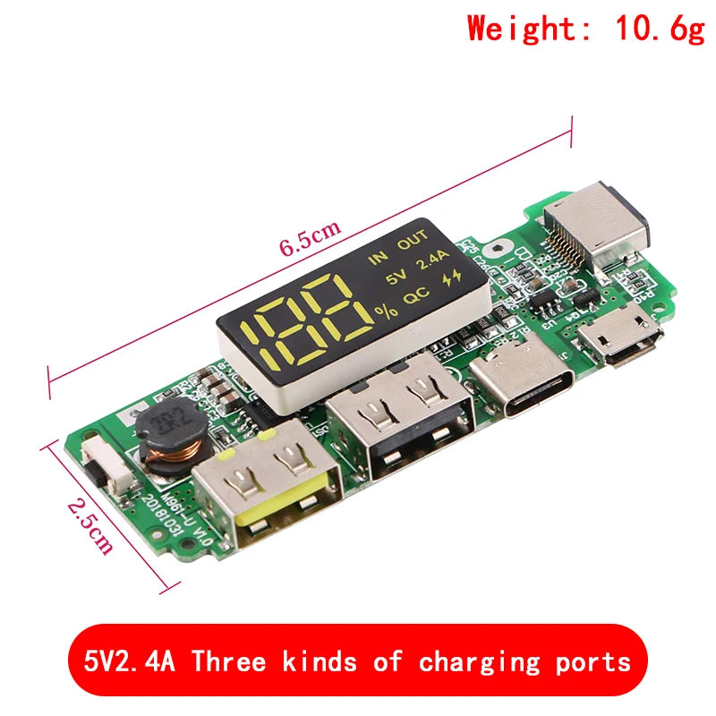 LED Dual USB 5V 2.4A Micro/Type-C Mobile Power Bank Charging Module with 18650 Lithium Battery Protection