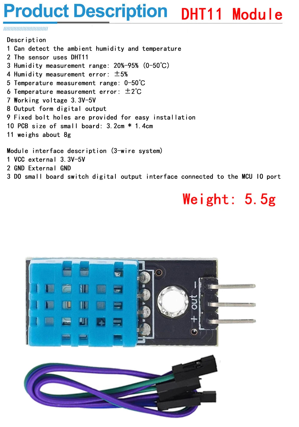 KY-015 DHT11 Digital Temperature and Humidity Sensor Module with PCB for Arduino DIY Projects